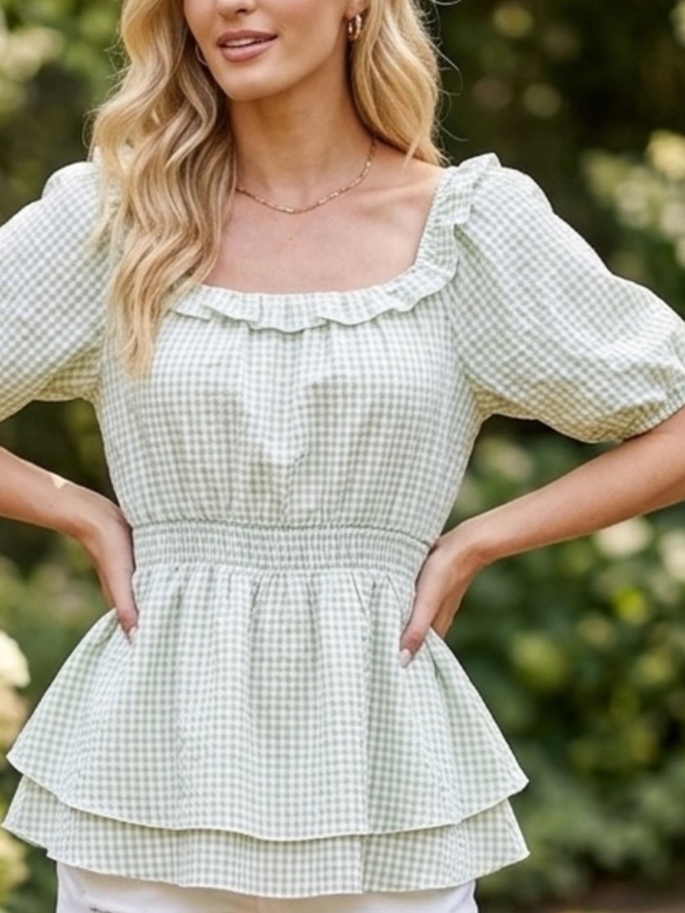NWT Heyson Light Green Gingham Ruffle Neck Blouse
